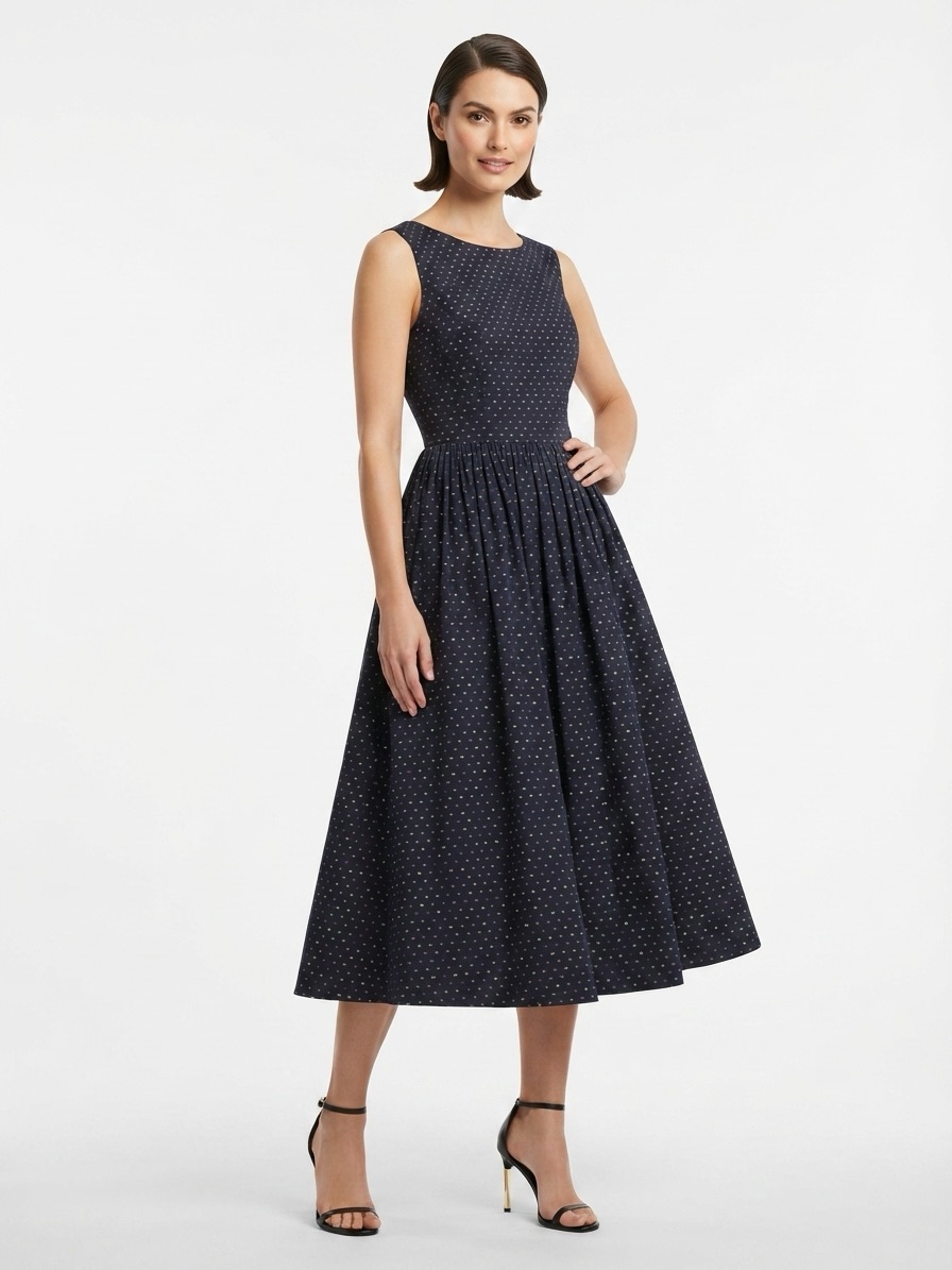 Modcloth Fit And Flare Dress Sleeveless V Neck Geometric Print Navy Blue Size 10